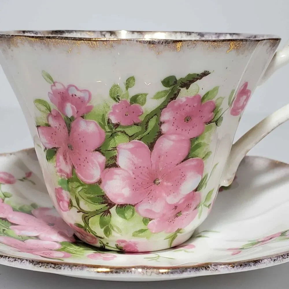 Gladstone Teacup and Saucer Pink Flowers Vintage